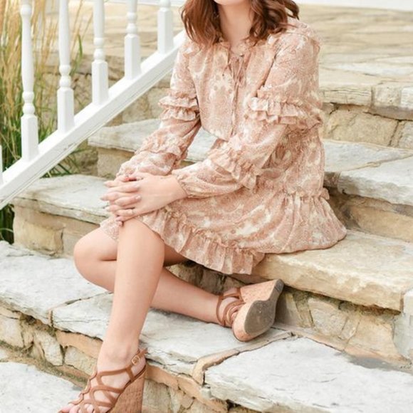 Moon River Women's M Paisley Print Tan Beige Tiered Ruffle Boho Mini Dress $118 - Picture 16 of 16